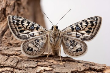 Fototapeta premium Moth with intricate wing patterns perched on tree bark against a white background