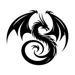 Naklejka premium Coiled Tribal Dragon Silhouette with Spread Wings