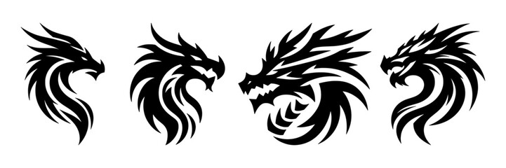 Naklejka premium Tribal Dragon Head Tattoo Set in Black Silhouette Style