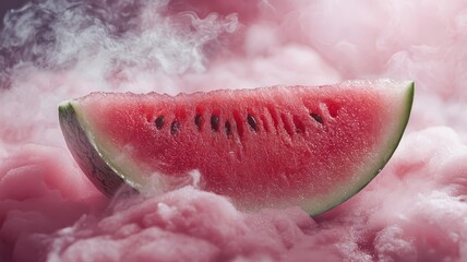 National watermelon day with refreshing slice idea. Juicy watermelon slice on pink cotton candy background.