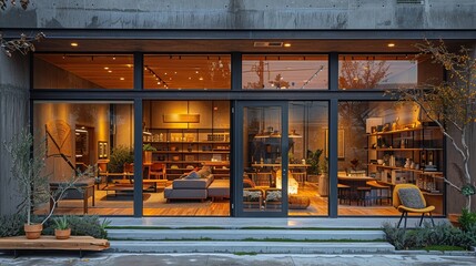 Modern boutique storefront featuring floor-to-ceiling windows and a minimalist interior design, featuring polished concrete and wood accents 