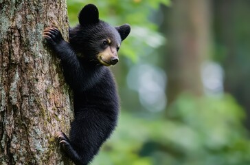 Obraz premium Playful Black Bear Cub Climbing a Tree in a Lush Green Forest Setting, Showcasing Wildlife and Nature in a Serene Environment