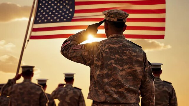 Soldiers in uniform saluting the American flag during a sunset ceremony, honoring their service to the nation on a patriotic occasion