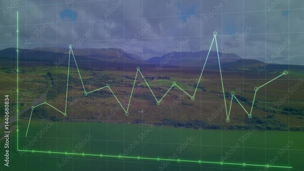 Poster translucent neon-green line chart animating over rural fields, showing data markers and grid axes