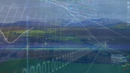 Rural farmland blending financial overlay in flat design, showing grid lines and data values - Powered by Adobe