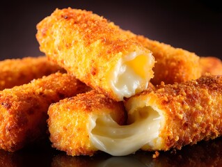 Golden Cheese Sticks: Close-up shot of irresistible, crispy cheese sticks with golden brown exterior and oozing, melty cheese. These deep-fried delights promise pure, cheesy satisfaction.
