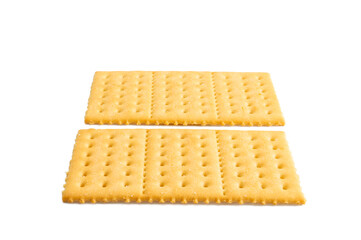 Two pieces of crackers are on a white background. The crackers are yellow and have a square shape