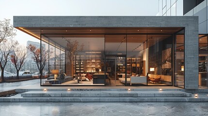 Modern boutique storefront featuring floor-to-ceiling windows and a minimalist interior design, reflecting urban buildings in glass 