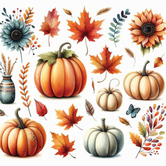 Watercolor Autumn Pumpkin Clipart, Fall Floral Leaves, Watercolor Autumn Leaves and Pumpkin Illustrations, Festive Fall Clipart, Generative AI on white Background