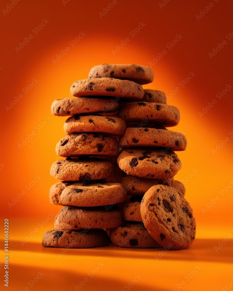 Poster towering stack of chocolate chip cookies on bright orange background creating a warm and inviting mo