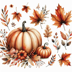 Watercolor Autumn Pumpkin Clipart, Fall Floral Leaves, Watercolor Autumn Leaves and Pumpkin Illustrations, Festive Fall Clipart, Generative AI on white Background