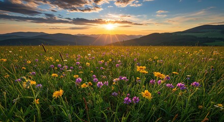 Obraz premium Wildflower Meadow at Sunset with Mountain Backdrop