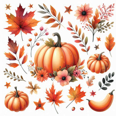 Watercolor Autumn Pumpkin Clipart, Fall Floral Leaves, Watercolor Autumn Leaves and Pumpkin Illustrations, Festive Fall Clipart, Generative AI on white Background