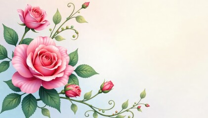 Delicate watercolor roses, swirling vines, soft pastel hues, background, botanical, romantic
