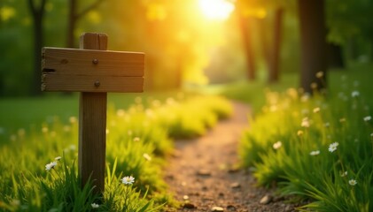 Split wooden trail marker on sunlit path; summer heat haze , ecology, trees