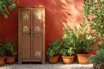 Rustic wooden cabinet beside vibrant terracotta wall.
