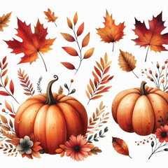 Watercolor Autumn Pumpkin Clipart, Fall Floral Leaves, Watercolor Autumn Leaves and Pumpkin Illustrations, Festive Fall Clipart, Generative AI on white Background