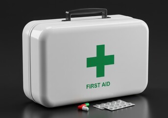 First aid kit with pills isolated on white background