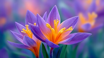 Close-up of purple crocuses blooming in a soft, blurred background. Bright yellow stamens