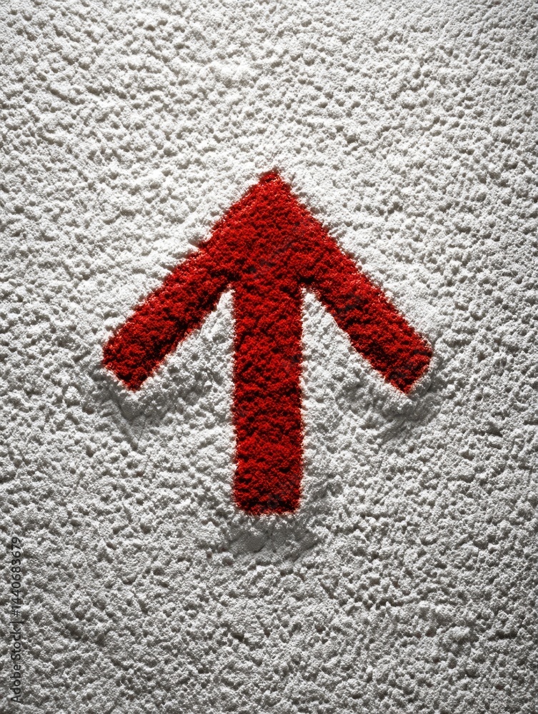 Poster directional red arrow painted on textured white wall offering guidance and navigation towards a spec