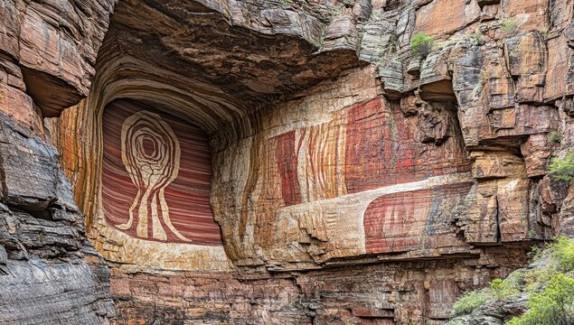 Ancient rock art within a canyon.  Detailed indigenous paintings on a rock face