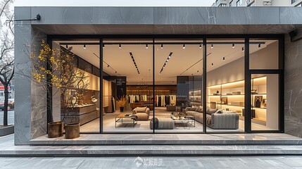Modern boutique storefront featuring floor-to-ceiling windows and a minimalist interior design, showcasing curated fashion displays 