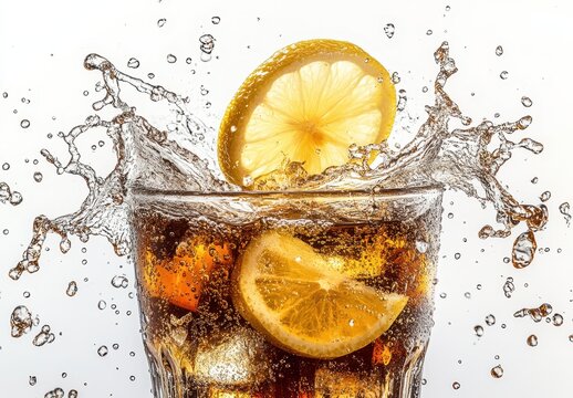 Refreshing Cold Drink with Lemon Splashing in a Glass Surrounded by Ice Cubes Captured in High Detail Against a White Background