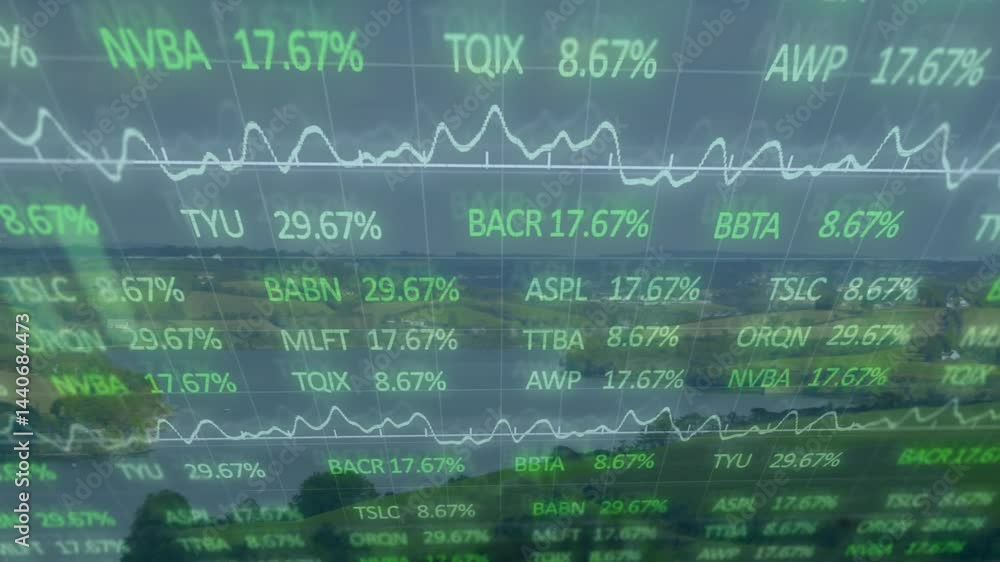 Poster semi-transparent financial data being overlaid on riverside fields, showing tickers and line graphs