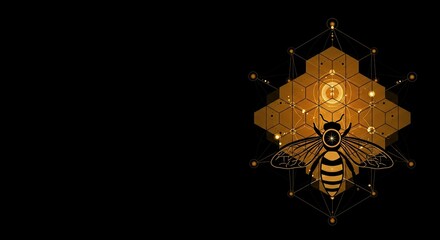 Naklejka premium Geometric bee on honeycomb. Apiculture and honey production. Modern poster for world bee day, banner for beekeeping shop, geometrical print for invitation or postcard design