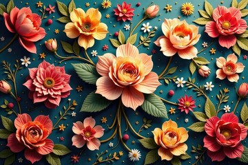 Intricate floral tapestry wallpaper, rich jewel tones, art, brown