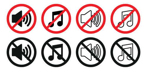 No Music Allowed Sign. No Audio Sign. Noise prohibition symbol. Megaphone ban sign in the circle isolated on white background. Vector illustration