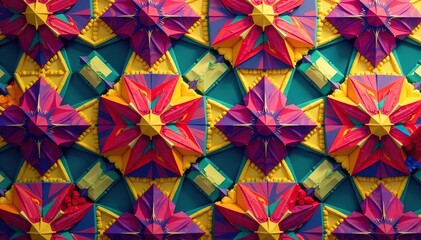 Intricate geometric tessellation, bold primary colors, sharp lines, colors, graphic, vibrant