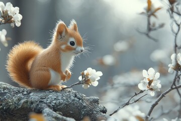 Fototapeta premium Cute squirrel resting on a branch amongst spring blossoms.
