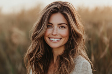 Fototapeta premium Woman smiling in a field of sunflowers under a clear blue sky.