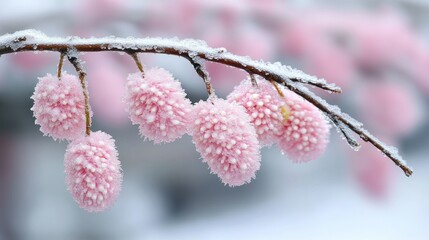 Frozen pink berries on a snowy branch
