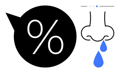 Nose icon with blue teardrops alongside a large speaking bubble containing a percentage sign. Ideal for allergy, health, weather, humidity, statistics, discomfort, simple landing page