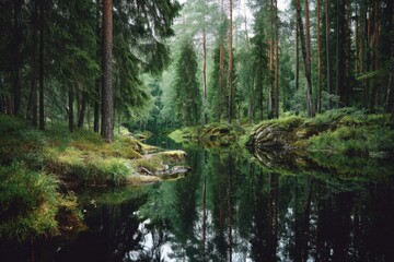 Serene forest river reflection capturing the lush greenery tall trees tranquil water and peaceful nature scene with a moody ethereal atmosphere in a scenic landscape