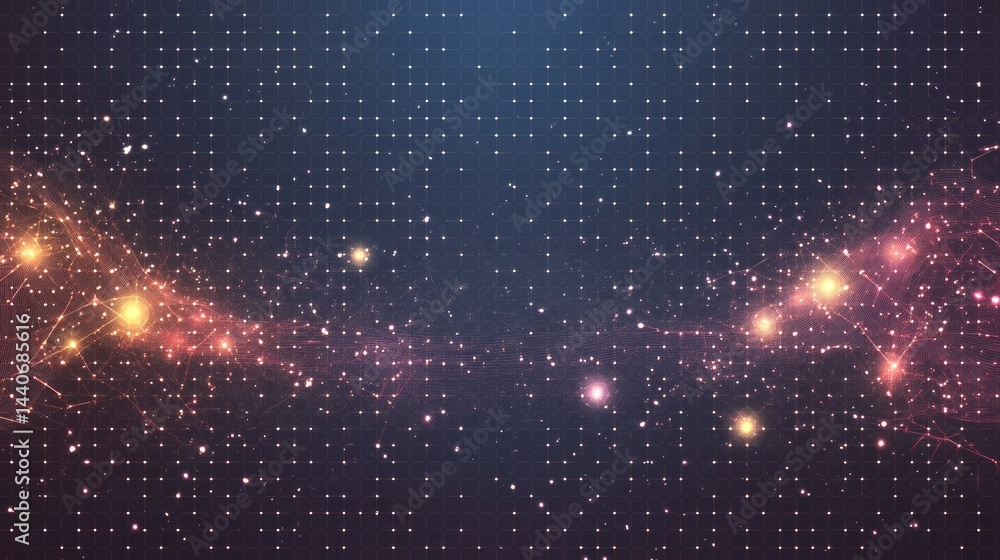 Poster abstract cosmic nebula with glowing particles and lines on dark background.