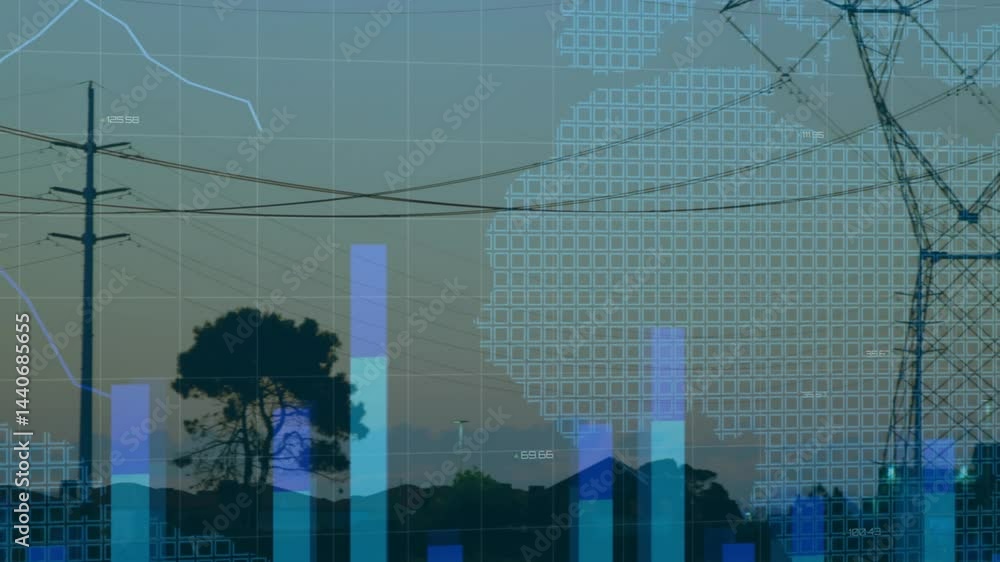 Poster electricity pylons being visualized at dusk, showing digital grid, world map and data charts