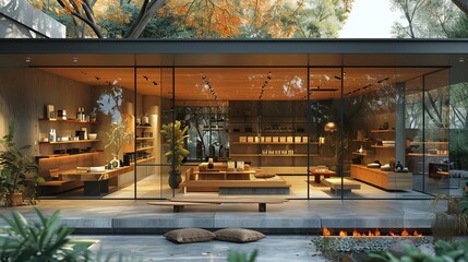 Modern boutique storefront featuring floor-to-ceiling windows and a minimalist interior design, with open space and natural textures 