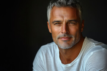 Fototapeta premium Man with grey hair in white shirt playing piano under dim light at a grand concert hall, surrounded by a captivated audience in formal attire.