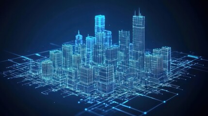 Futuristic digital city skyline, wireframe buildings on circuit board.