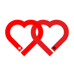 heart shaped ribbon of swiss and albanian flags intertwined. vector illustration isolated on white background