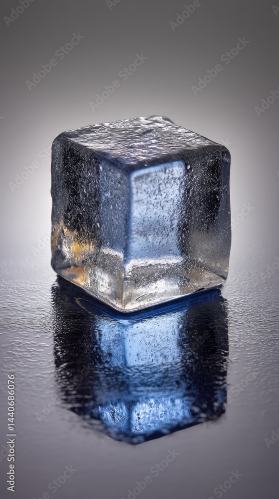 Poster captivating close up of a single ice cube reflecting on a wet surface creating a cool and refreshing