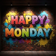 A colorful and vibrant graffiti message reading 'Happy Monday' against a brick wall background.