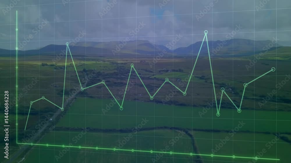 Poster green line chart being overlaid on rural landscape, showing circular data points and grid lines