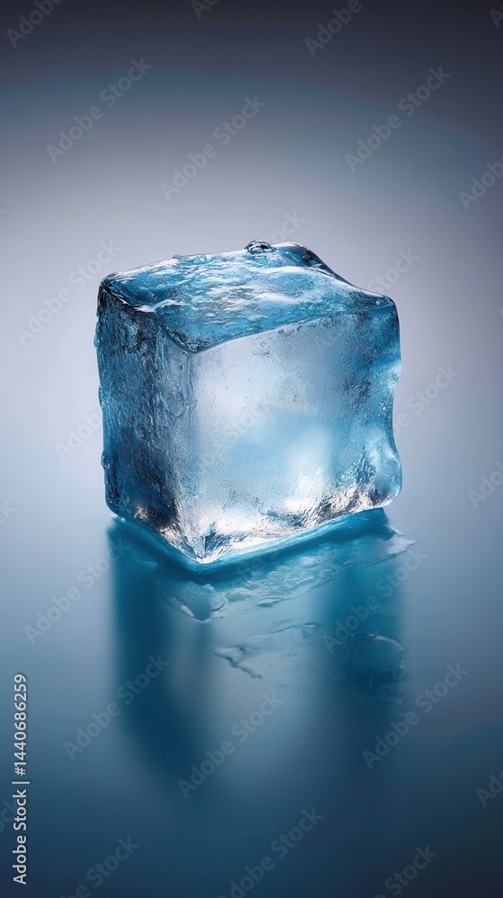 Poster captivating close up of a single ice cube on a reflective surface showcasing its texture and transpa