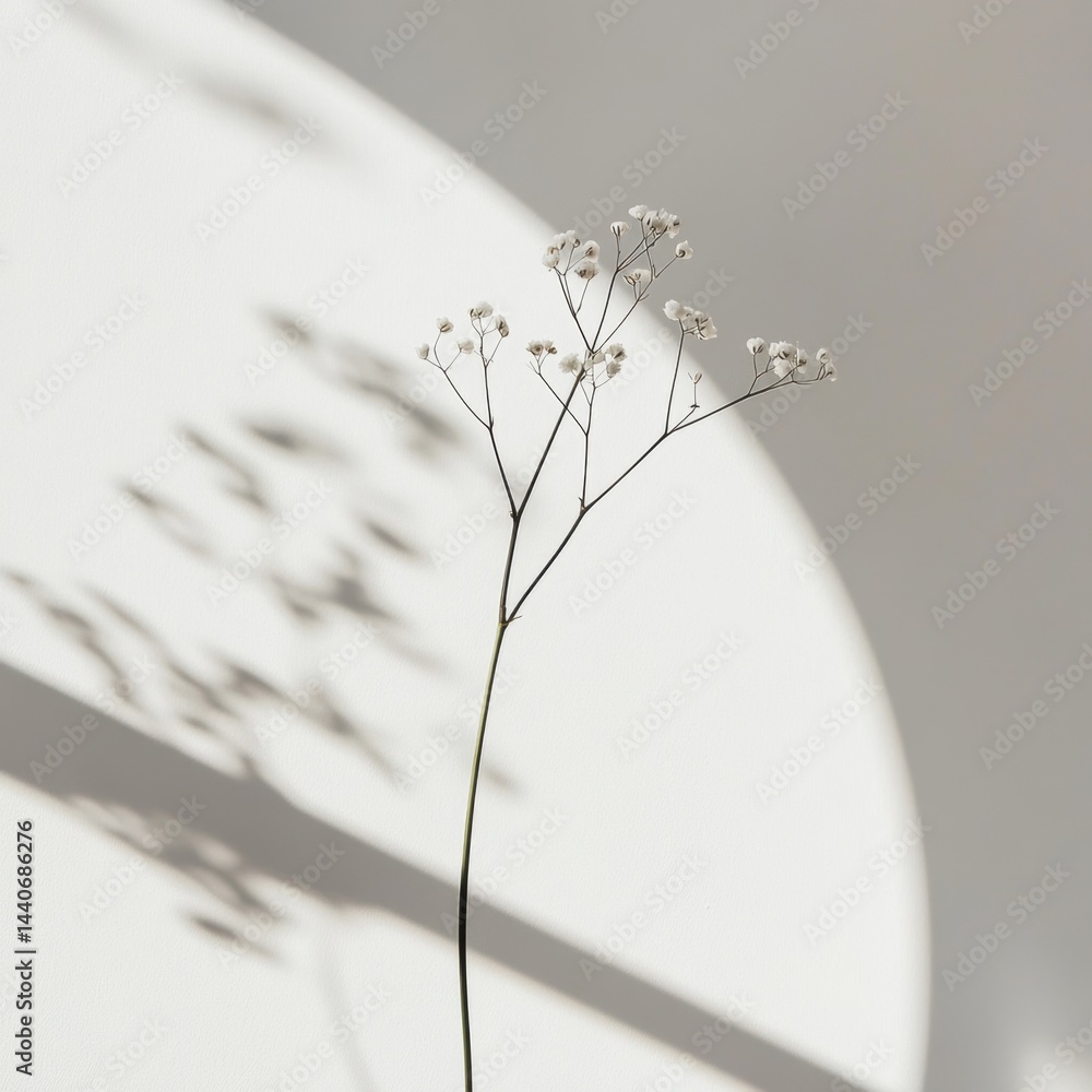 Poster delicate baby's breath flower casting intricate shadows on a minimalist white wall creating a serene