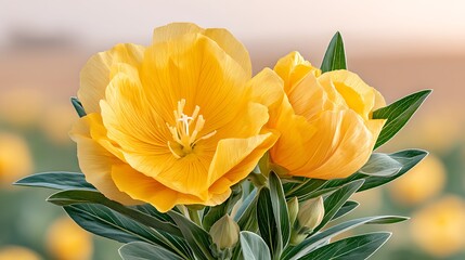 Obraz premium Vibrant yellow flowers bloom in a garden, with detailed petals and green leaves. Soft, blurred background