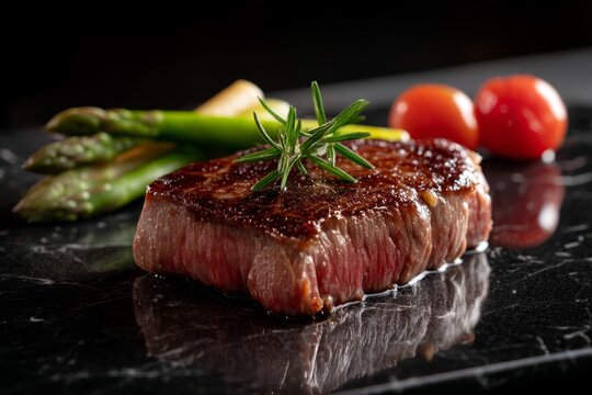 Juicy grilled steak with fresh asparagus and cherry tomatoes on marble surface